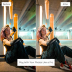 Before and after comparison of a person sitting in a modern indoor setting Edited With Canon G7X Lightroom Presets