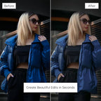 Before and after comparison of a woman wearing sunglasses and a blue jacket, Edited With Canon G7X Lightroom Presets