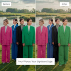 Before and after comparison of a photo editing service with models in colorful suits, Enhanced With Canon G7X Lightroom Preset