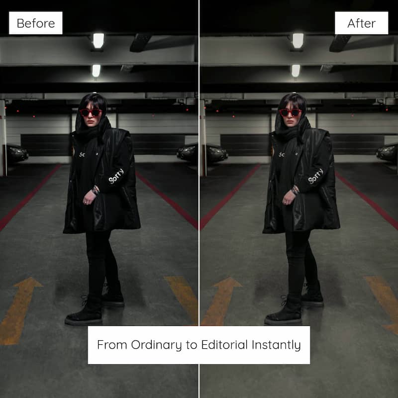 Before and after comparison of a person in a parking garage Enhanced With Canon G7X Lightroom Presets