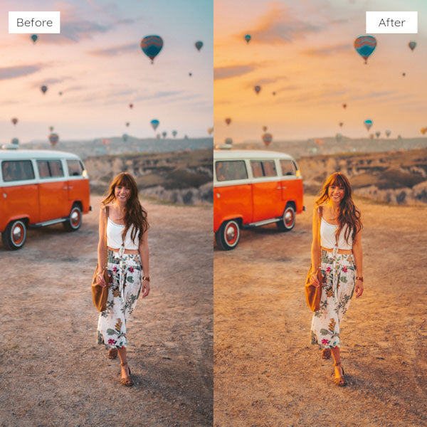 Before and after using Lightroom Presets to add vibrant and dynamic tones to an image.