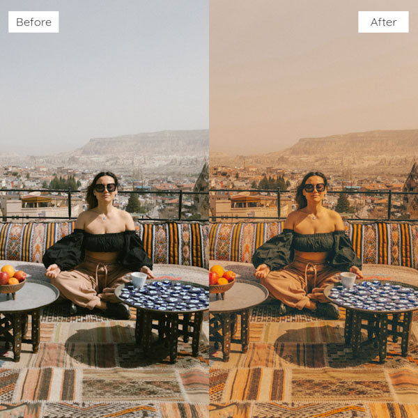 Before and after using Lightroom Presets for creating a moody, cinematic look.