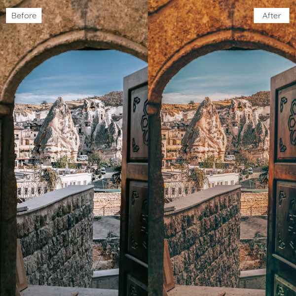 Before and after using Lightroom Presets for enhancing natural light and shadows in photos.