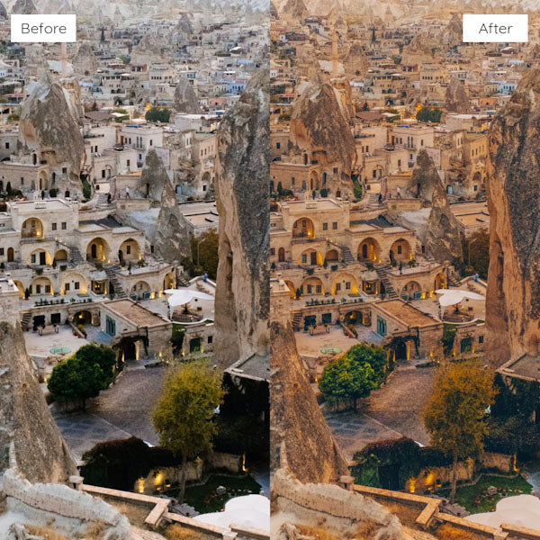 Before and after using Lightroom Presets for sharpening details and intensifying colors in photos.