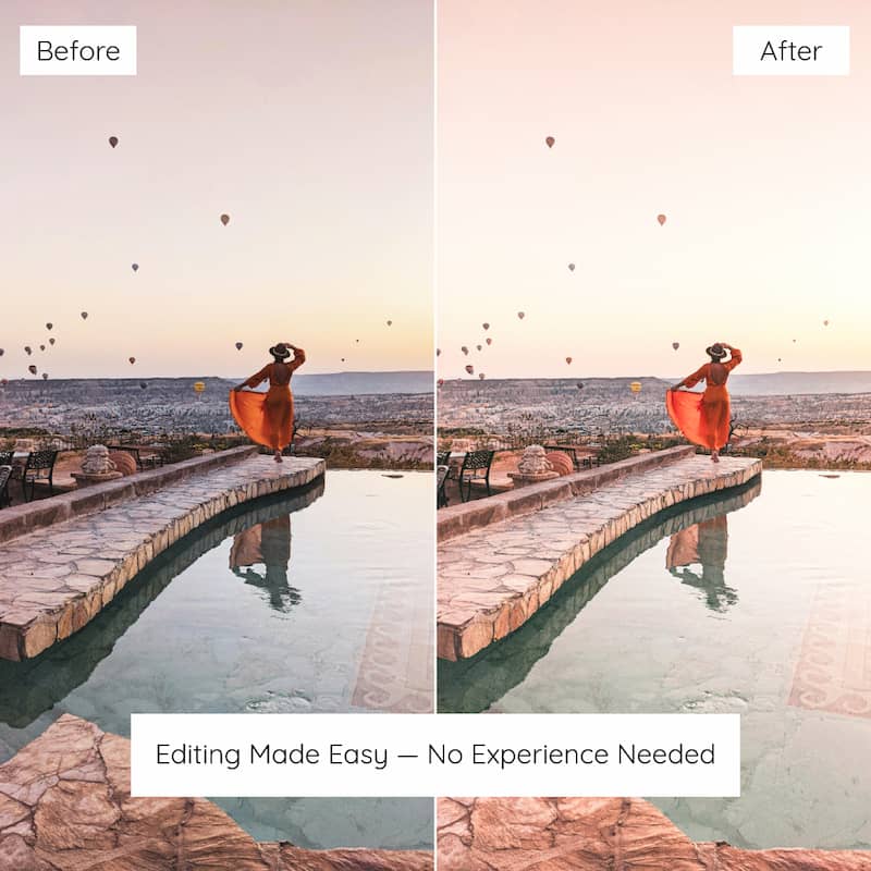 Before and after comparison of a woman in an orange dress by a pool with hot air balloons in the sky, Edited With Cappadocia Lightroom Preset