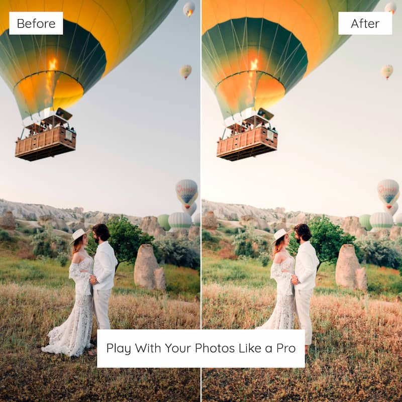 Before and after comparison of a couple in a hot air balloon with landscape, Edited With Cappadocia Lightroom Presets