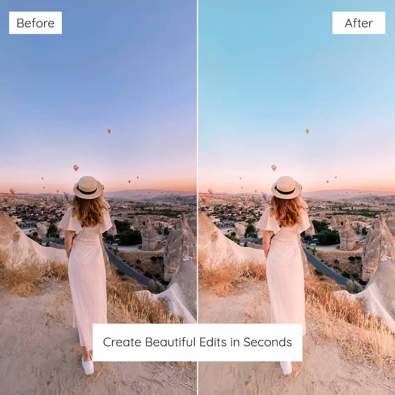 Before and after comparison of a woman with hot air balloons in the sky, Edited With Cappadocia Lightroom Presets