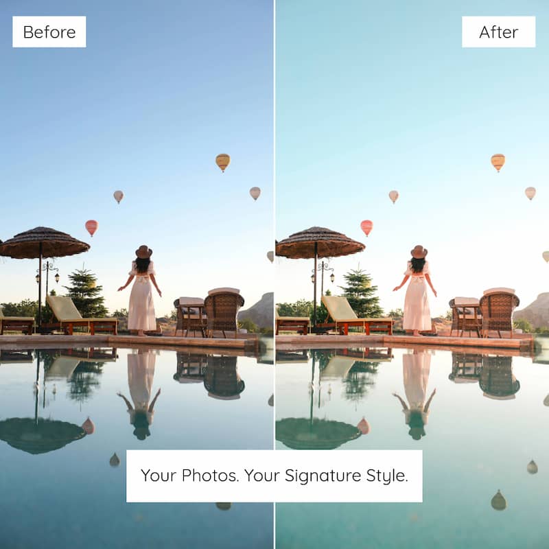 Before and after comparison of a woman by a pool with hot air balloons in the sky, Enhanced With Cappadocia Lightroom Preset