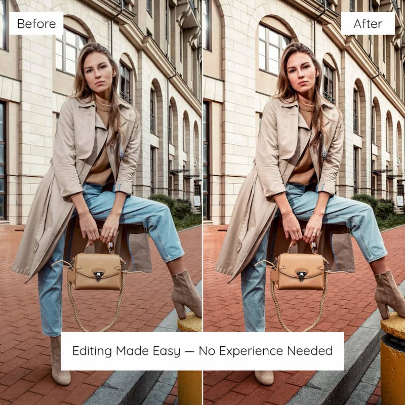 Before and after comparison of a woman with a beige coat and blue jeans sitting on a bench edited with Caramel Lightroom Preset
