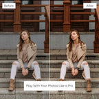 Before and after comparison of a woman sitting on steps edited with Caramel Lightroom Preset