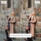 Before and after comparison of a woman against a stone wall edited with Caramel Lightroom Preset