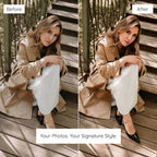Before and after comparison of a woman in a trench coat sitting on wooden stepsedited with Caramel Lightroom Preset
