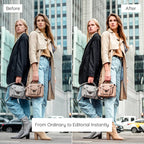 Before and after comparison of a woman walking in an urban setting with text overlay edited with Caramel Lightroom Preset