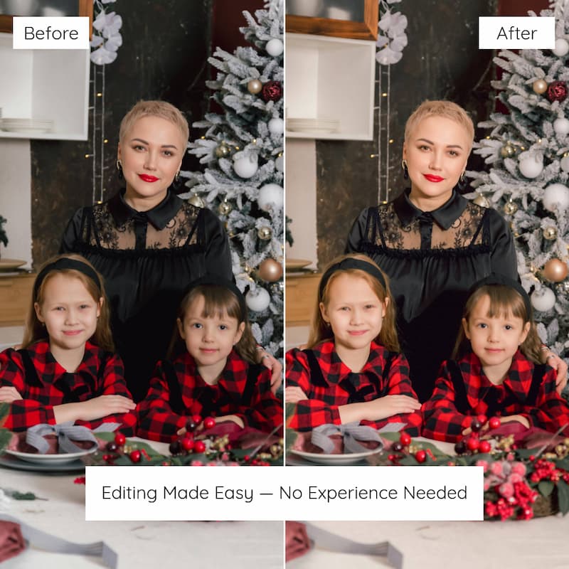 Before and after comparison of a family photo with Christmas decorations enhanced with Christmas Family Lightroom presets