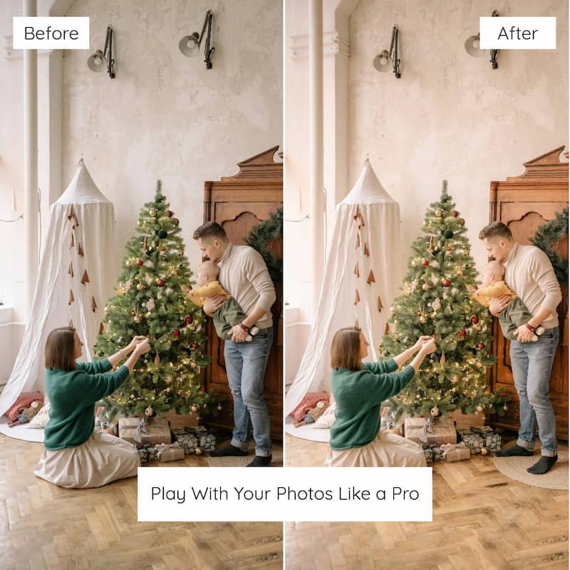 Before and after comparison of a family decorating a Christmas tree in a home setting enhanced with Christmas Family Lightroom preset