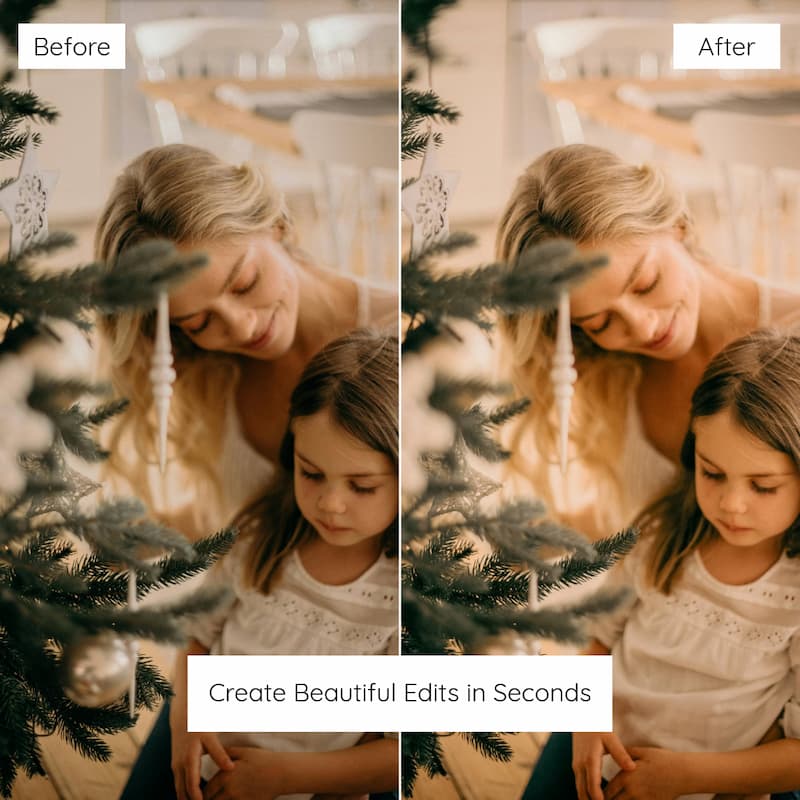 Before and after comparison of a woman and child decorating a Christmas tree edited with Christmas Family Lightroom presets