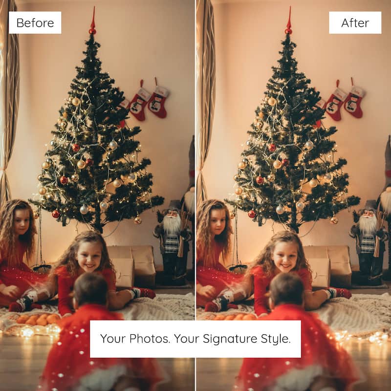 Before and after comparison of a Christmas scene with children around a decorated tree edited with Christmas Family Lightroom preset