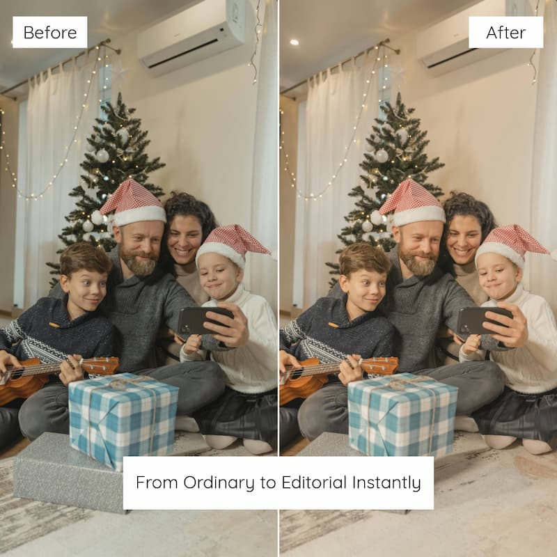 Before and after comparison of a family photo with Christmas decorations edited with Christmas Family Lightroom presets