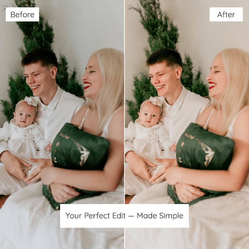 Before and after comparison of a family photo with a baby edited with Christmas Family Lightroom presets