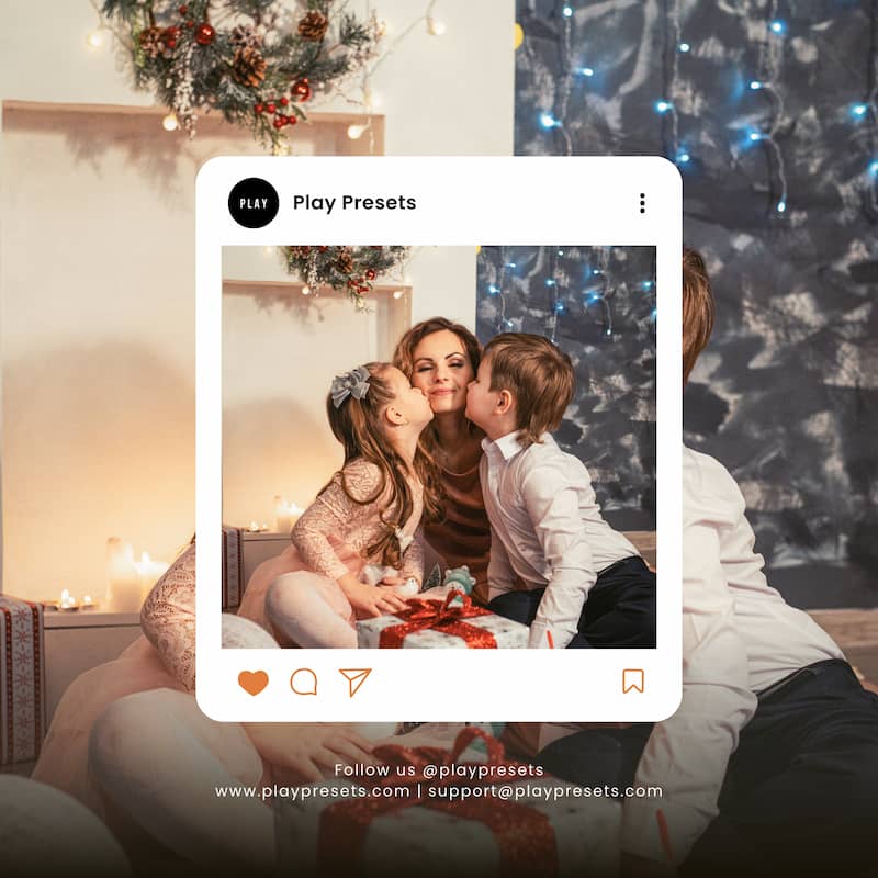 Family scene with a woman and two children in a cozy room decorated for Christmas edited with Christmas Family Lightroom presets
