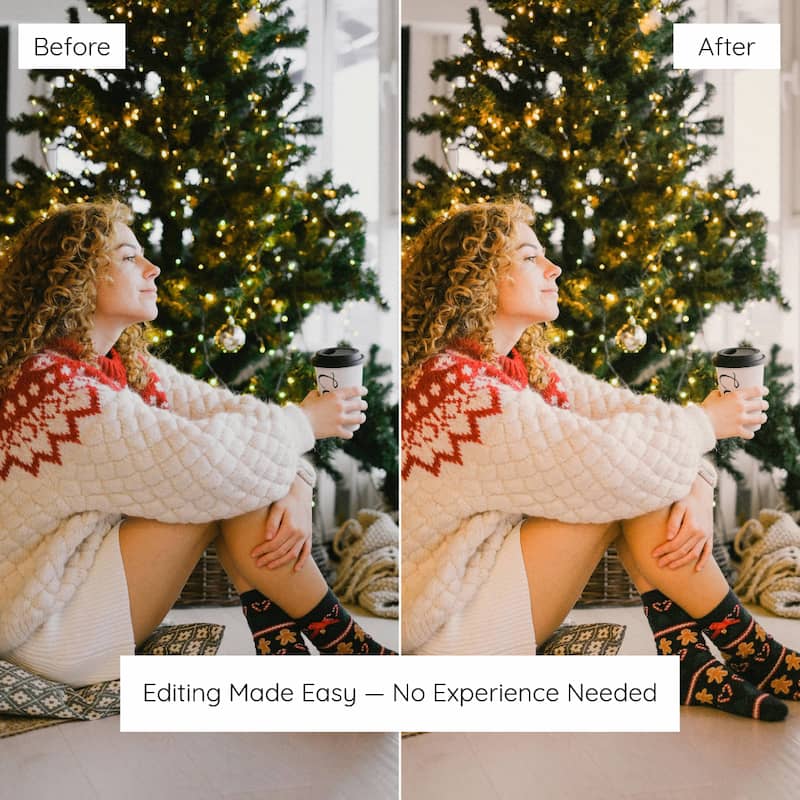 Before and after comparison of a woman sitting by a Christmas tree edited with christmas home lightroom presets