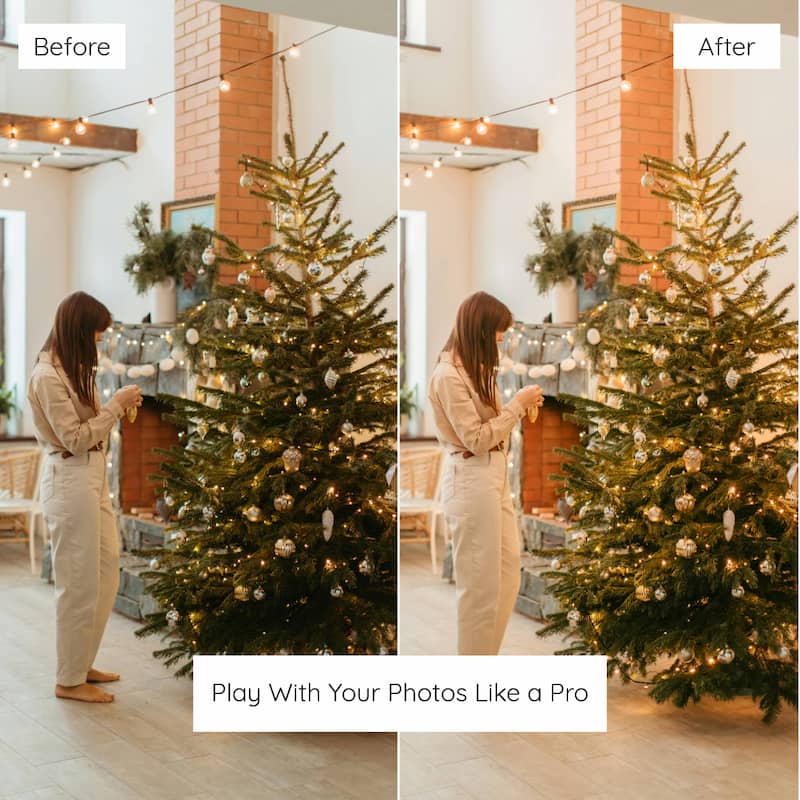 Before and after comparison of a woman decorating a Christmas tree in a room  edited with christmas home lightroom presets