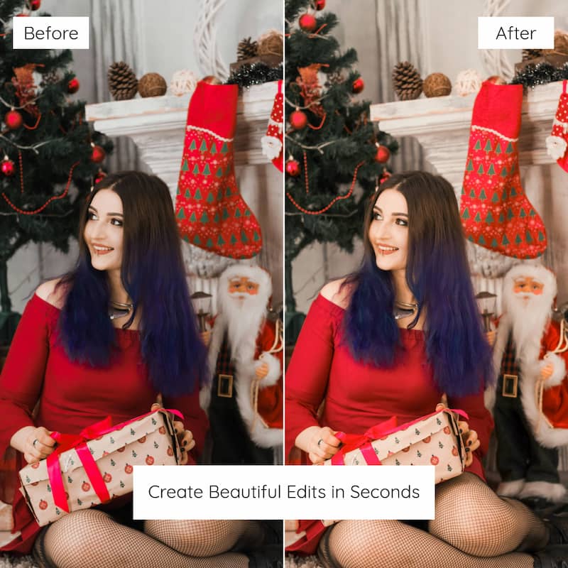 Before and after comparison of a woman with blue hair in a festive setting edited with christmas home lightroom preset