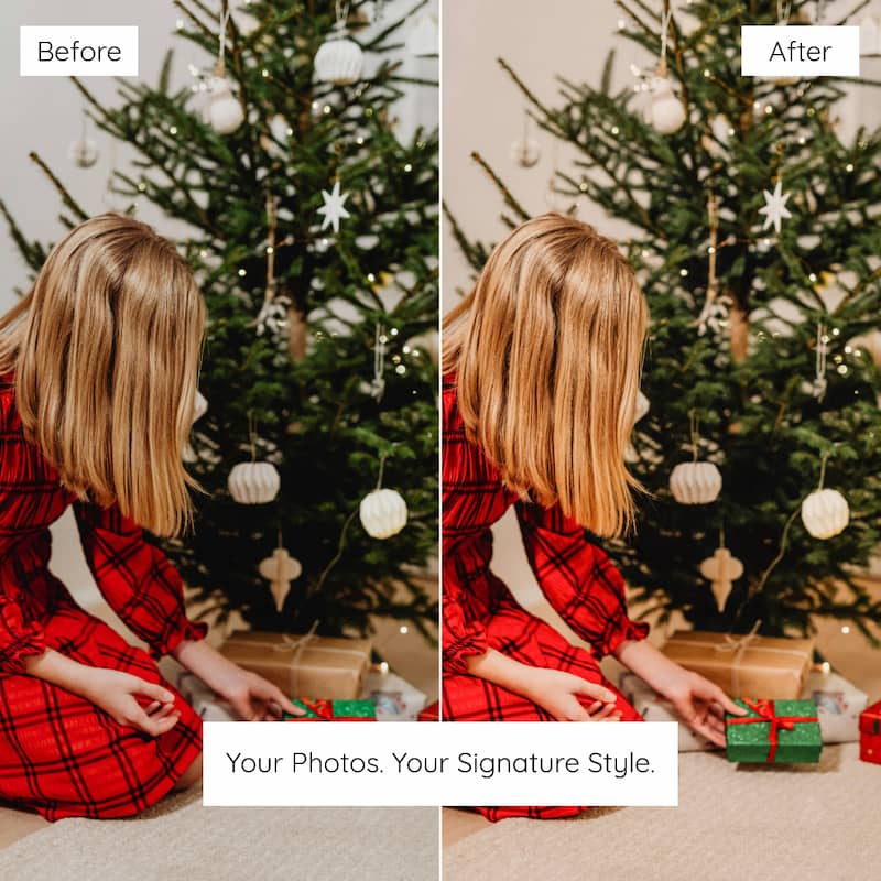 Before and after comparison of a person in front of a Christmas tree with decorative elements enhanced with christmas home lightroom presets