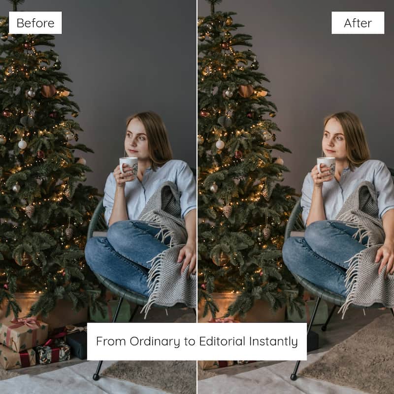 Before and after comparison of a woman sitting by a Christmas tree enhanced with christmas home lightroom preset