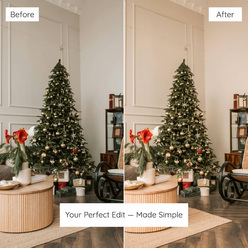 Before and after comparison of a decorated Christmas tree in a living room enhanced with christmas home lightroom presets