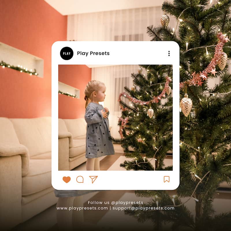 Child decorating a Christmas tree in a living room enhanced with christmas home lightroom presets