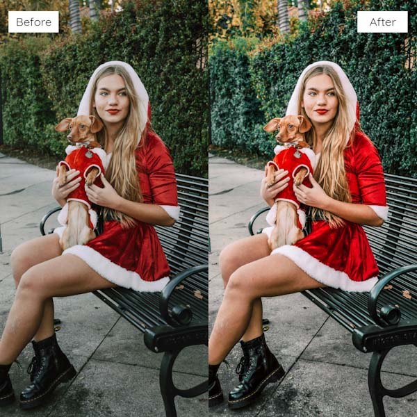 Before and after cozy portrait edited with Christmas Marvel Lightroom preset