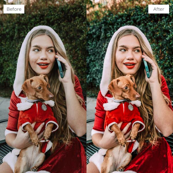 Before and after Christmas Marvel preset on a portrait of a beautiful woman with festive lighting.