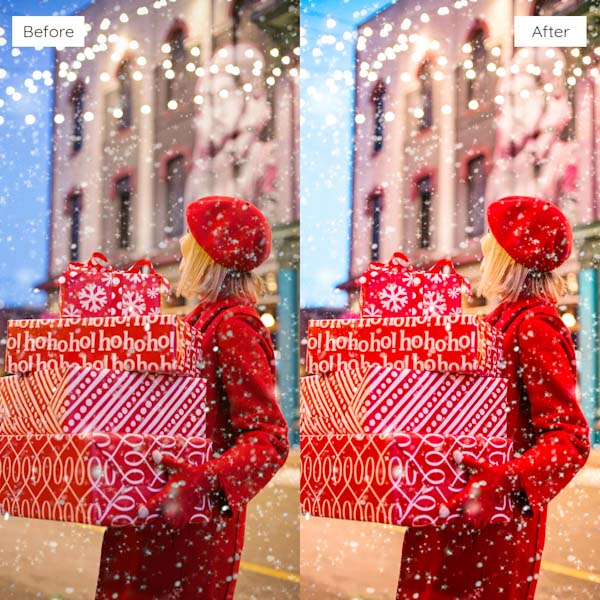 Before and after Christmas Marvel preset on a festive portrait of a woman with Christmas lights.