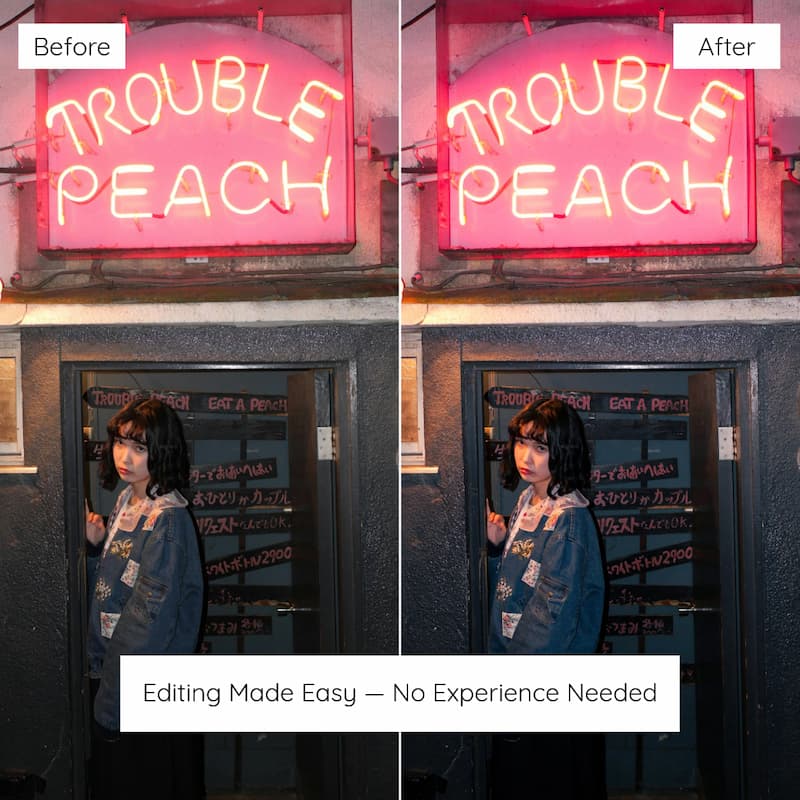 Before and after comparison of a neon sign edited with CineStill 800T Look Preset Collection.