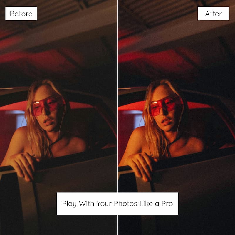 Before and after comparison of a person in a car edited with CineStill 800T Look Preset Collection.