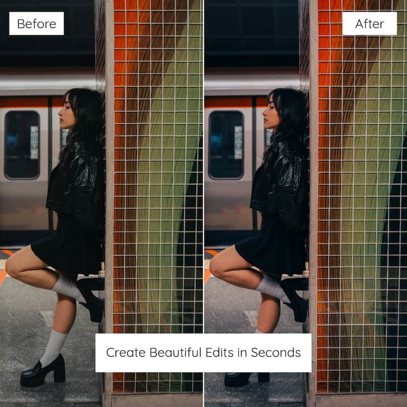 Before and after comparison of a person posing on a subway platform edited with CineStill 800T Look Preset Collection.