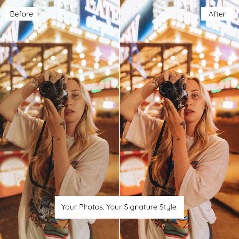 Before and after comparison of a woman taking a photo in a carnival setting edited with CineStill 800T Look Preset Collection.