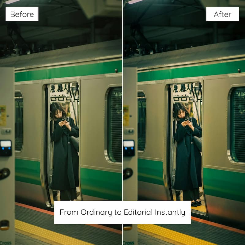 Before and after comparison of a person in a train edited with CineStill 800T Look Preset Collection.