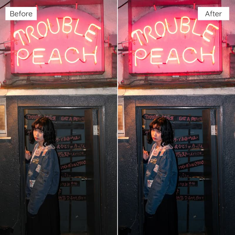 Before and after comparison of a person standing in front of a door edited with CineStill 800T Look Video LUTs.