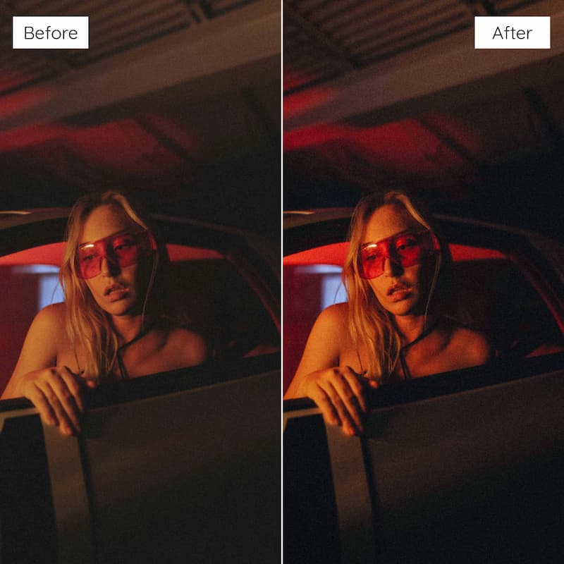 Before and after comparison of a person in a car with red lighting edited with CineStill 800T Look Video LUTs.