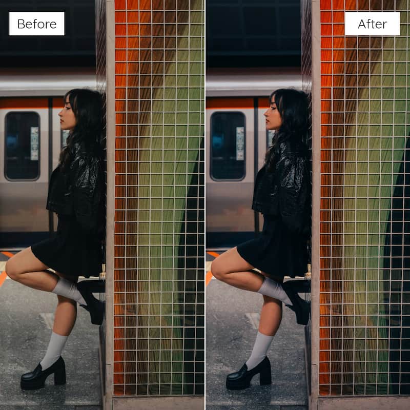 Before and after comparison of a woman posing in a subway edited with CineStill 800T Look Video LUTs.