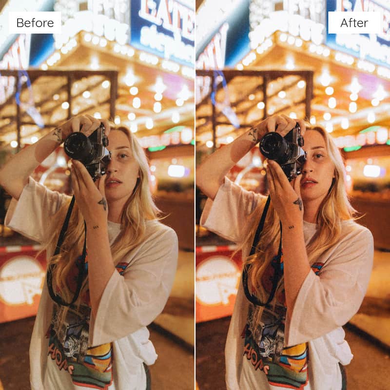 Before and after comparison of a woman taking a selfie in a carnival setting edited with CineStill 800T Look Video LUTs.
