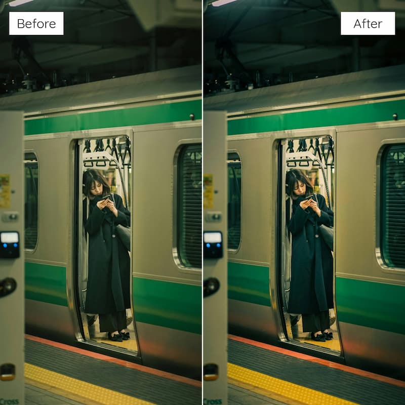 Before and after comparison of a person in a train mirror edited with CineStill 800T Look Video LUTs.