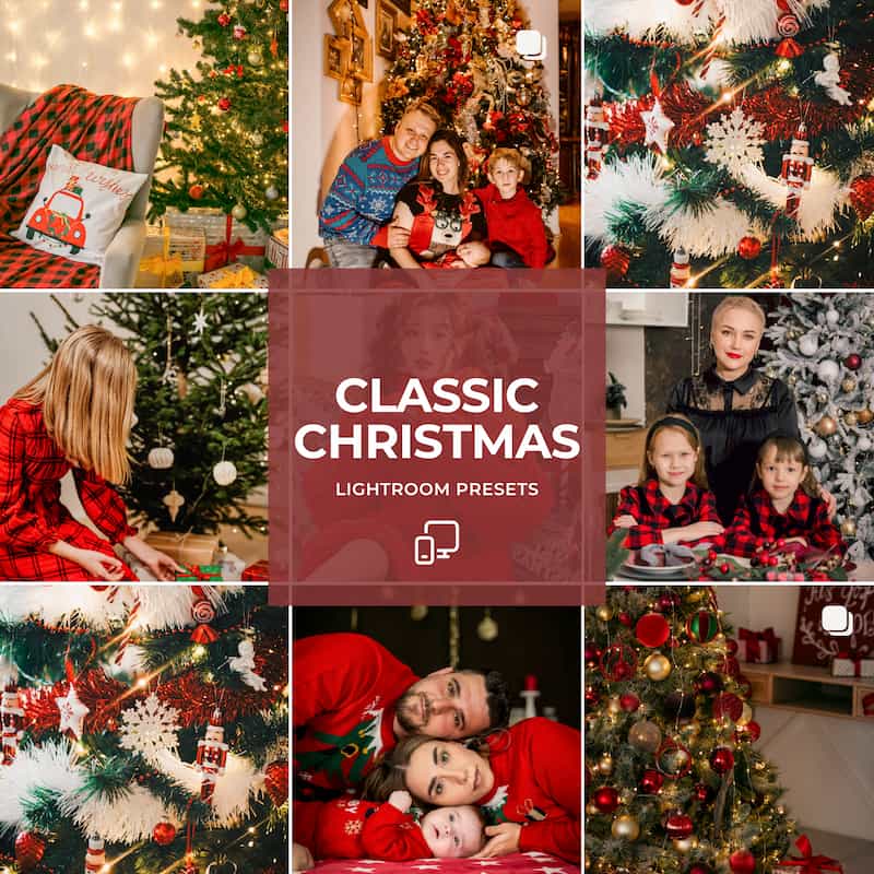 Classic Christmas preset collection preview with warm tones and balanced holiday colors for Lightroom mobile and desktop