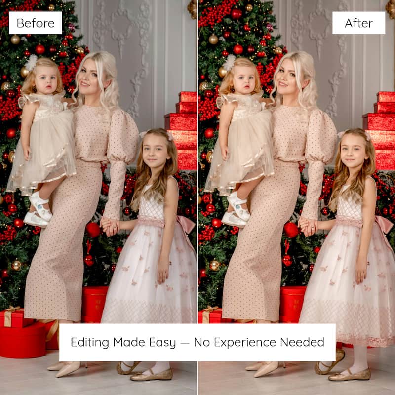 Before and after comparison of a family photo with Christmas scene enhanced with Classic Christmas Lightroom presets