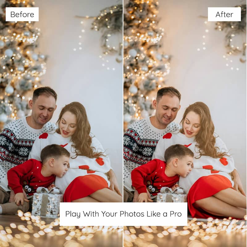 Before and after comparison of a family photo with Christmas enhanced with Classic Christmas Lightroom presets