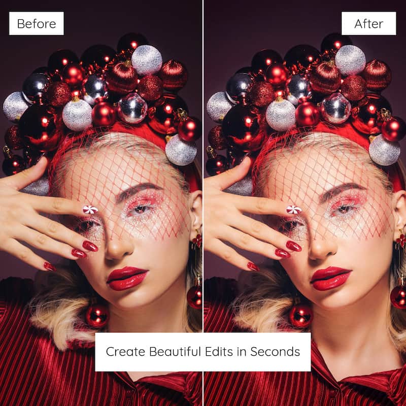 Before and after comparison of a woman with decorative headpiece and makeup edited with Classic Christmas Lightroom presets