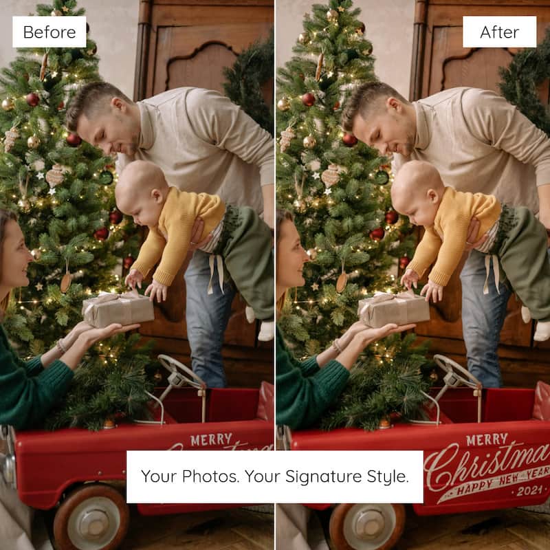 Before and after comparison of a family scene with a Christmas tree enhanced with Classic Christmas Lightroom preset