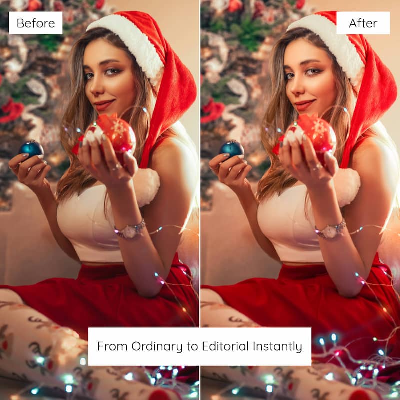 Before and after comparison of a woman in a Santa outfit holding Christmas ornaments edited with Classic Christmas Lightroom preset